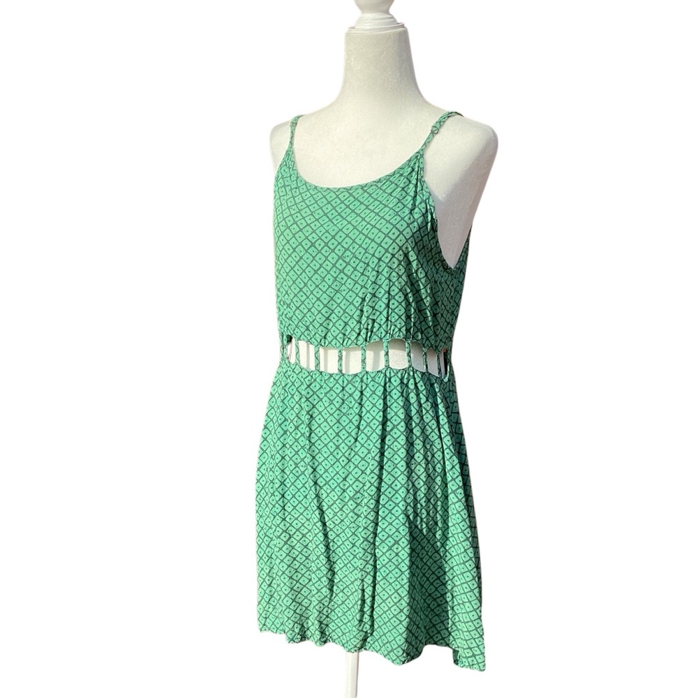 Manaola Hawaii Teal Cut Out Summer Dress Watermark Piko Print Size Small